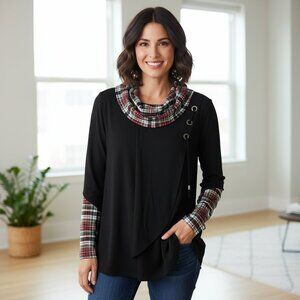 Ali Miles Plaid Tunic Sweater Cowl Neck Artsy Boho Mixed Media Top PL Lagenlook